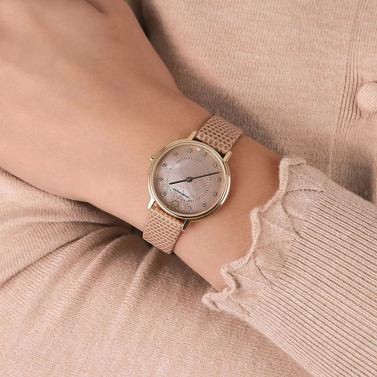 Emporio Armani Kappa Mother of Pearl Taupe Dial Brown Leather Strap Watch AR11151