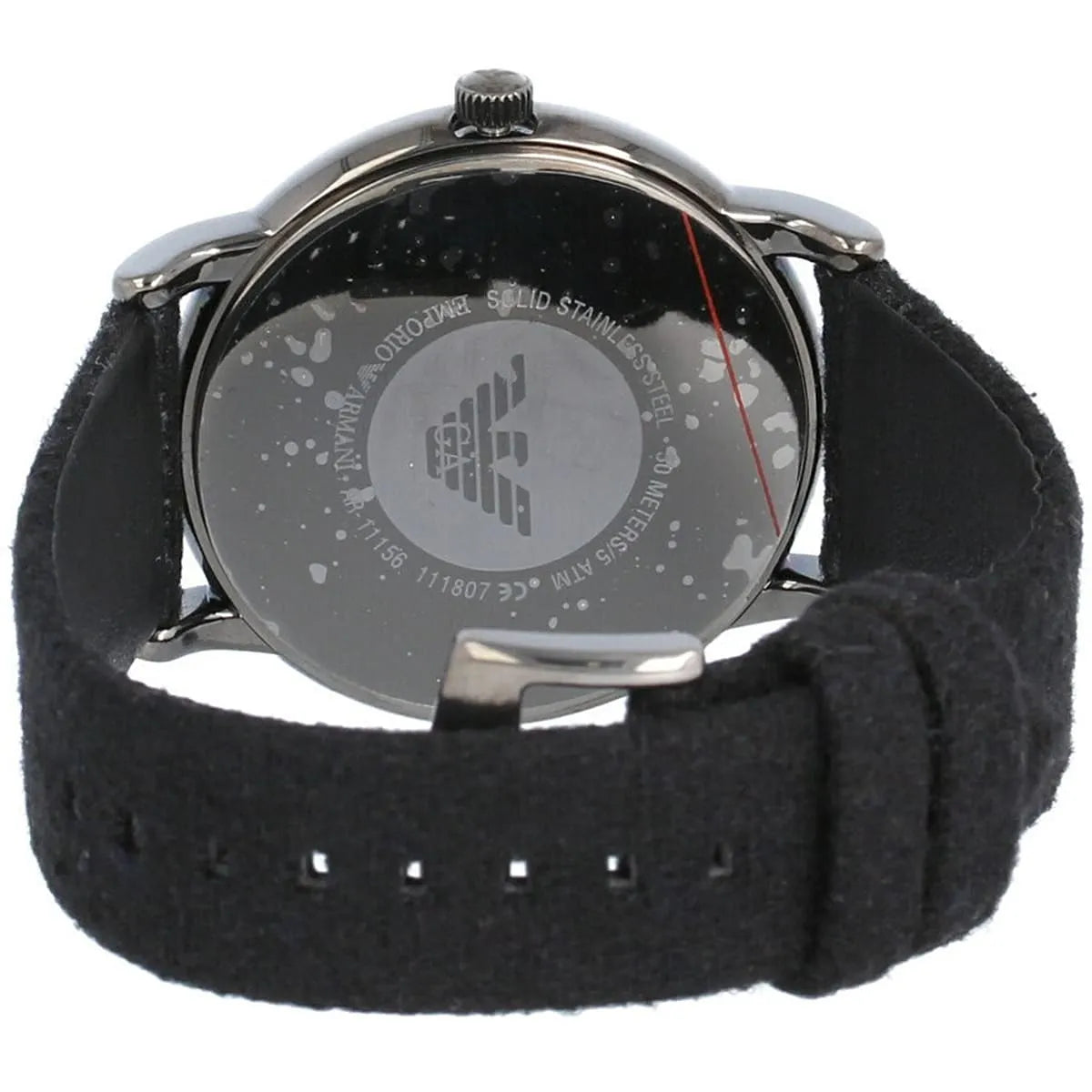 Emporio Armani Luigi watch caseback showing solid stainless steel with Emporio Armani eagle logo