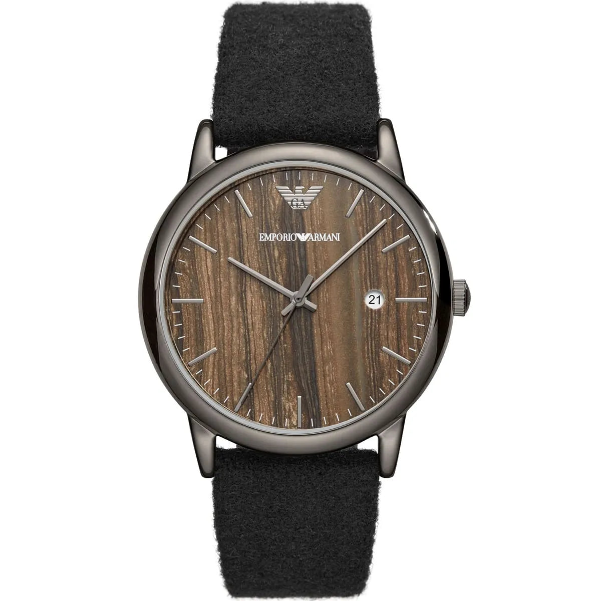 Emporio Armani Luigi watch front view showing brown dial with wood texture and silver case