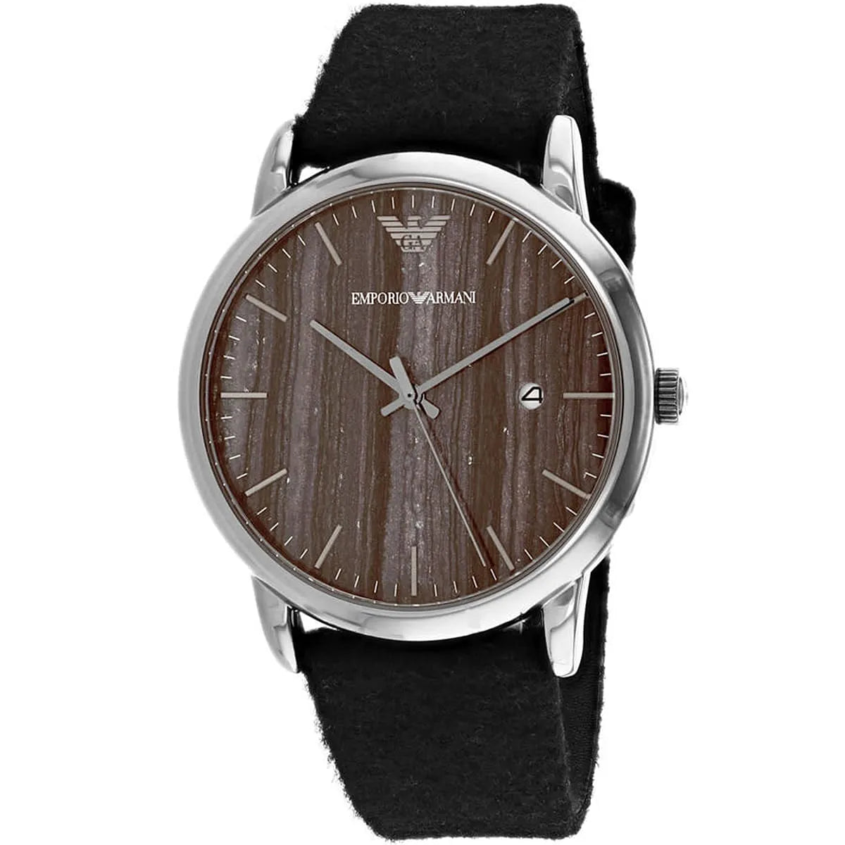 Emporio Armani Luigi men's quartz watch with brown woodgrain dial and black textile strap