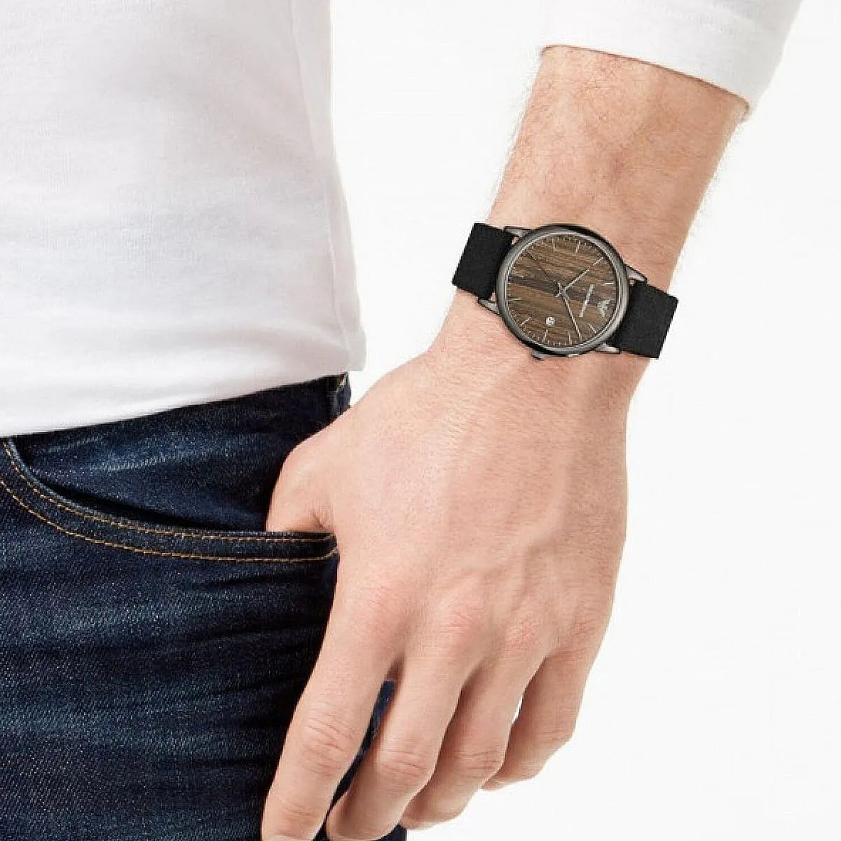 Emporio Armani Luigi watch worn on wrist with brown dial and black textile strap