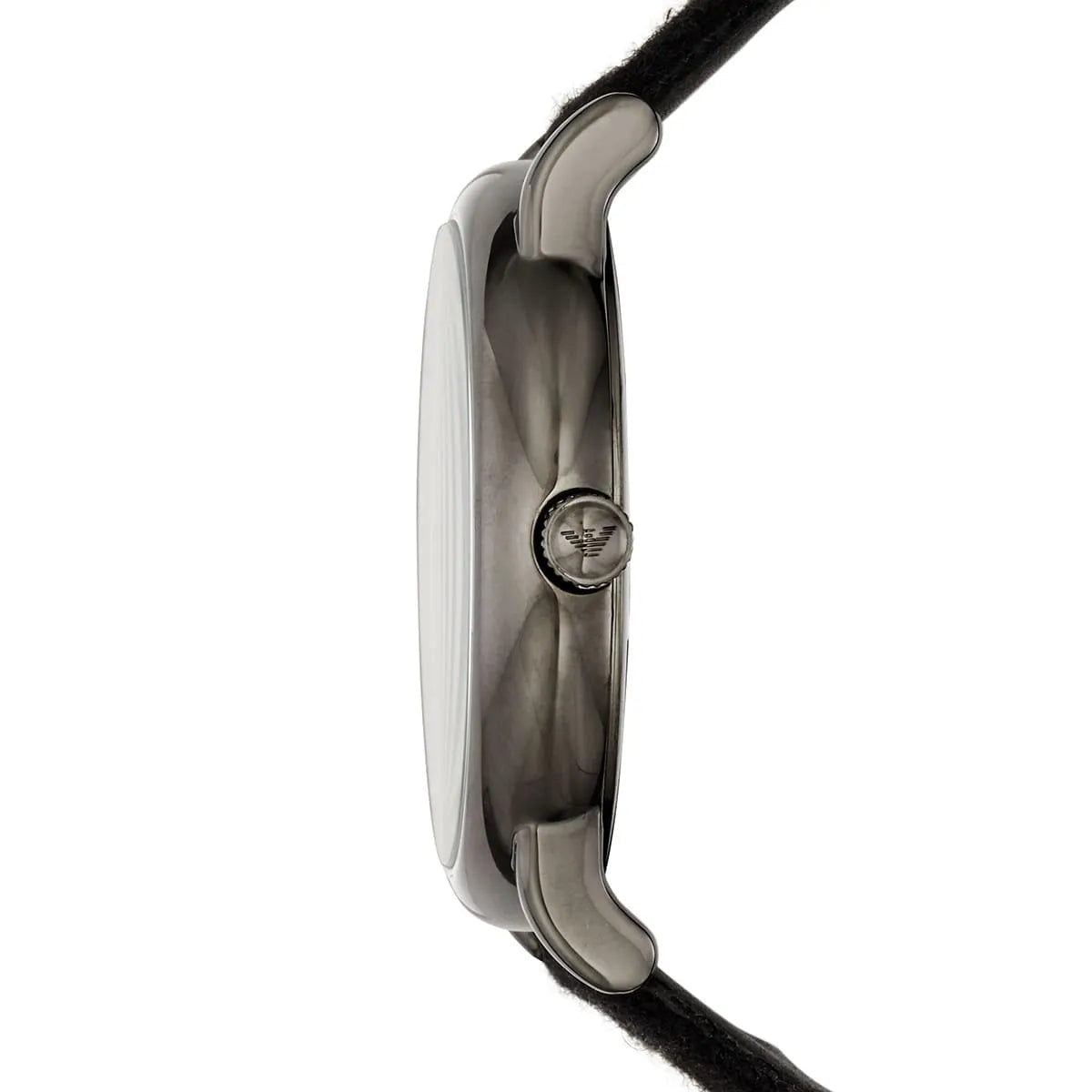 Emporio Armani Luigi watch side profile showing thin case depth and black strap