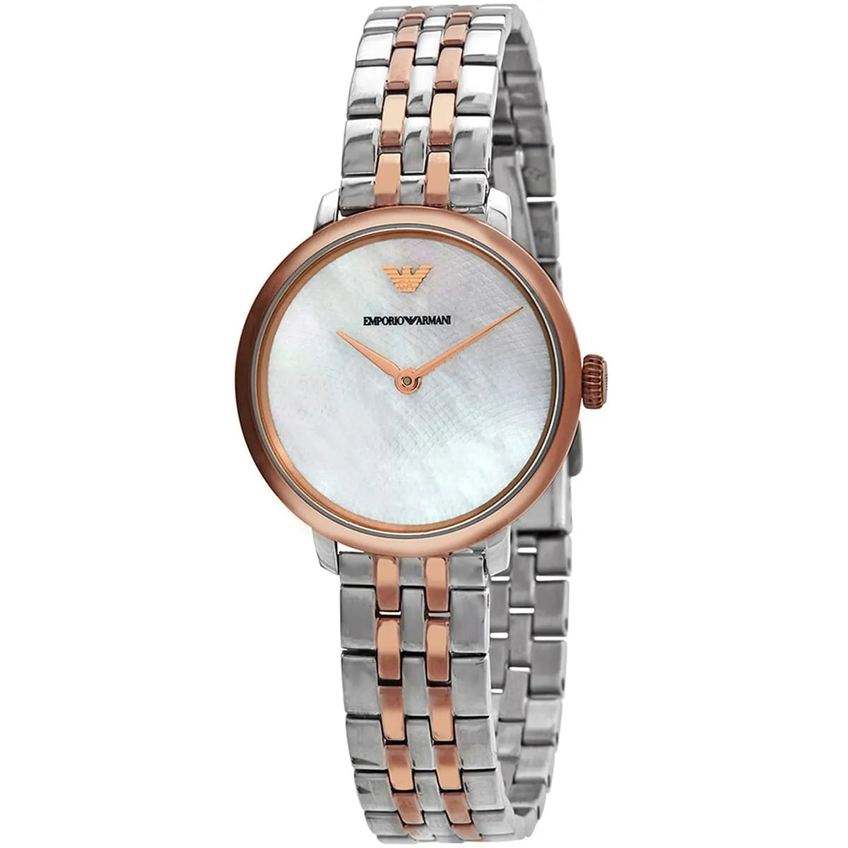 Angled view of Emporio Armani AR11157 women's watch showing two-tone silver and rose gold bracelet