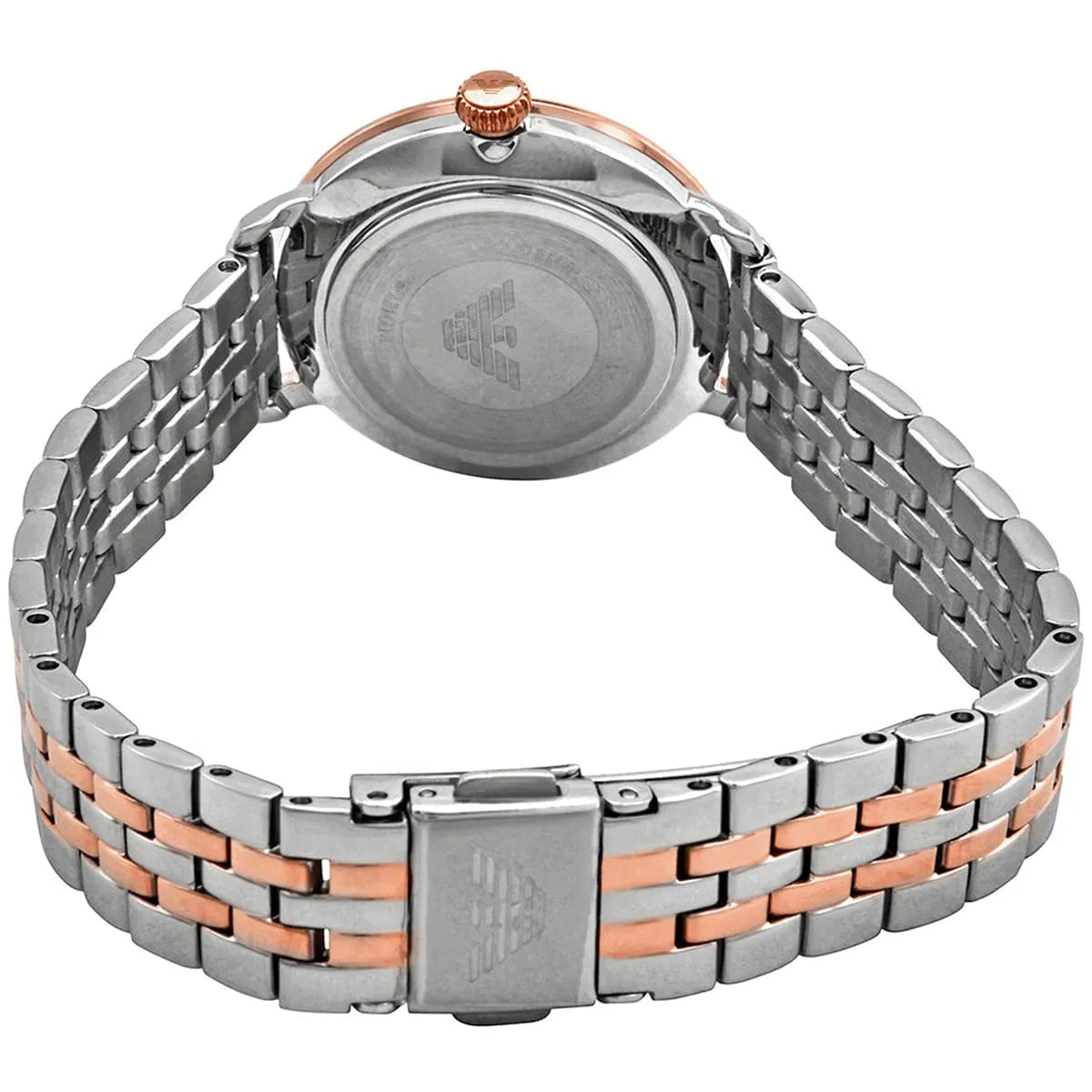 Emporio Armani AR11157 caseback view showing engraved eagle logo and bracelet attachment