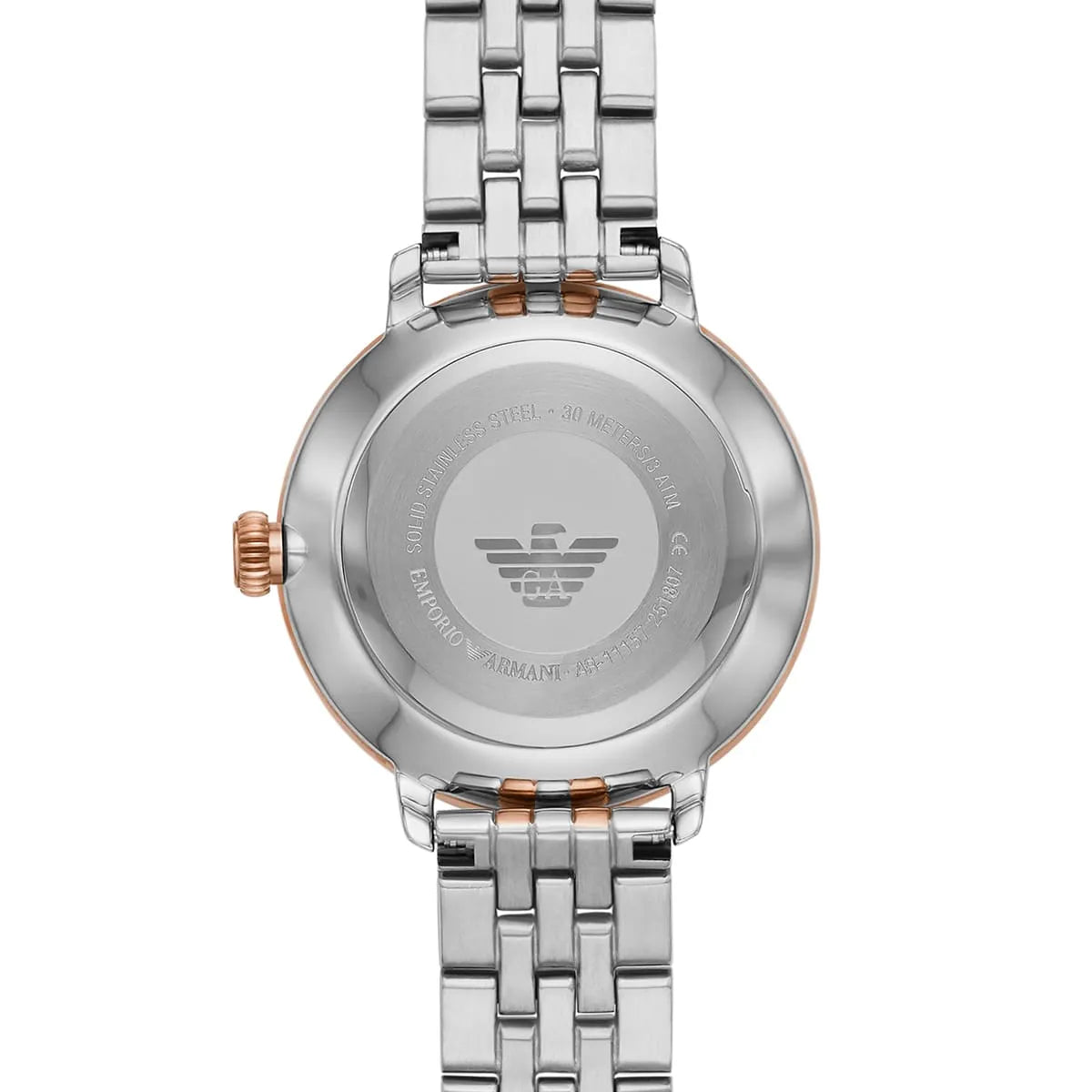 Caseback detail of Emporio Armani AR11157 with eagle logo and model text engraving