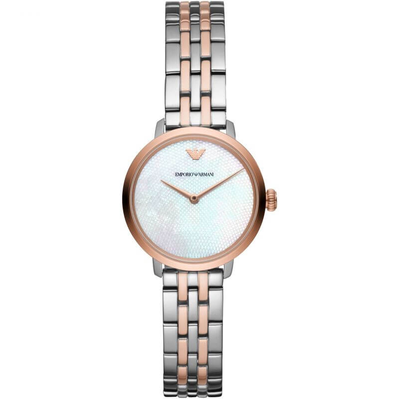 Front view of Emporio Armani AR11157 watch with light blue white dial and two-tone metal bracelet