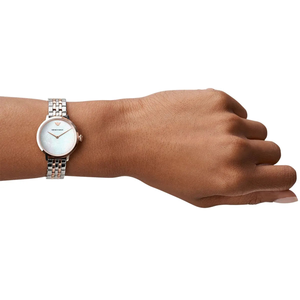 Emporio Armani AR11157 women's watch worn on wrist, two-tone silver and rose gold bracelet