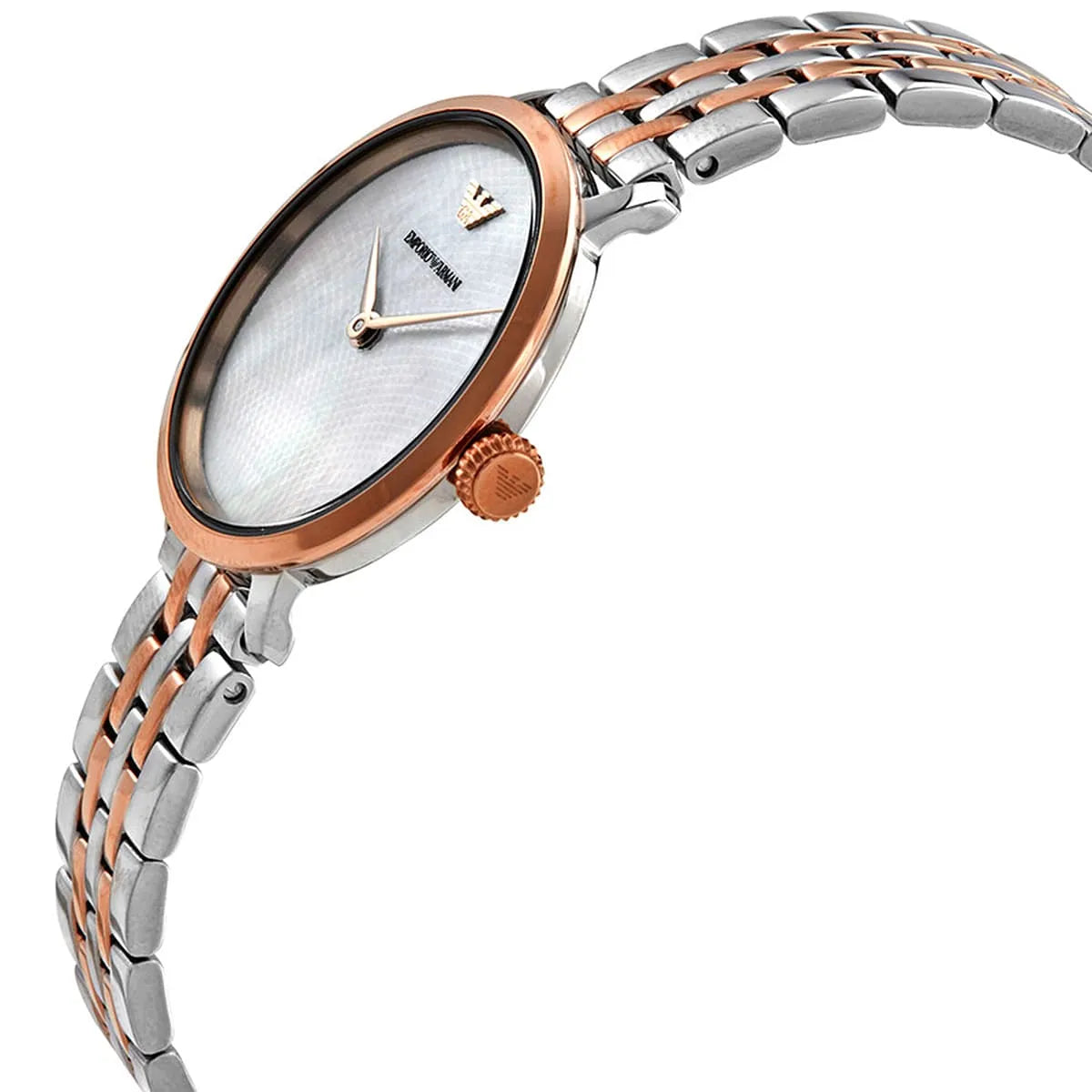 Side profile of Emporio Armani AR11157 women's watch with rose gold crown and two-tone bracelet