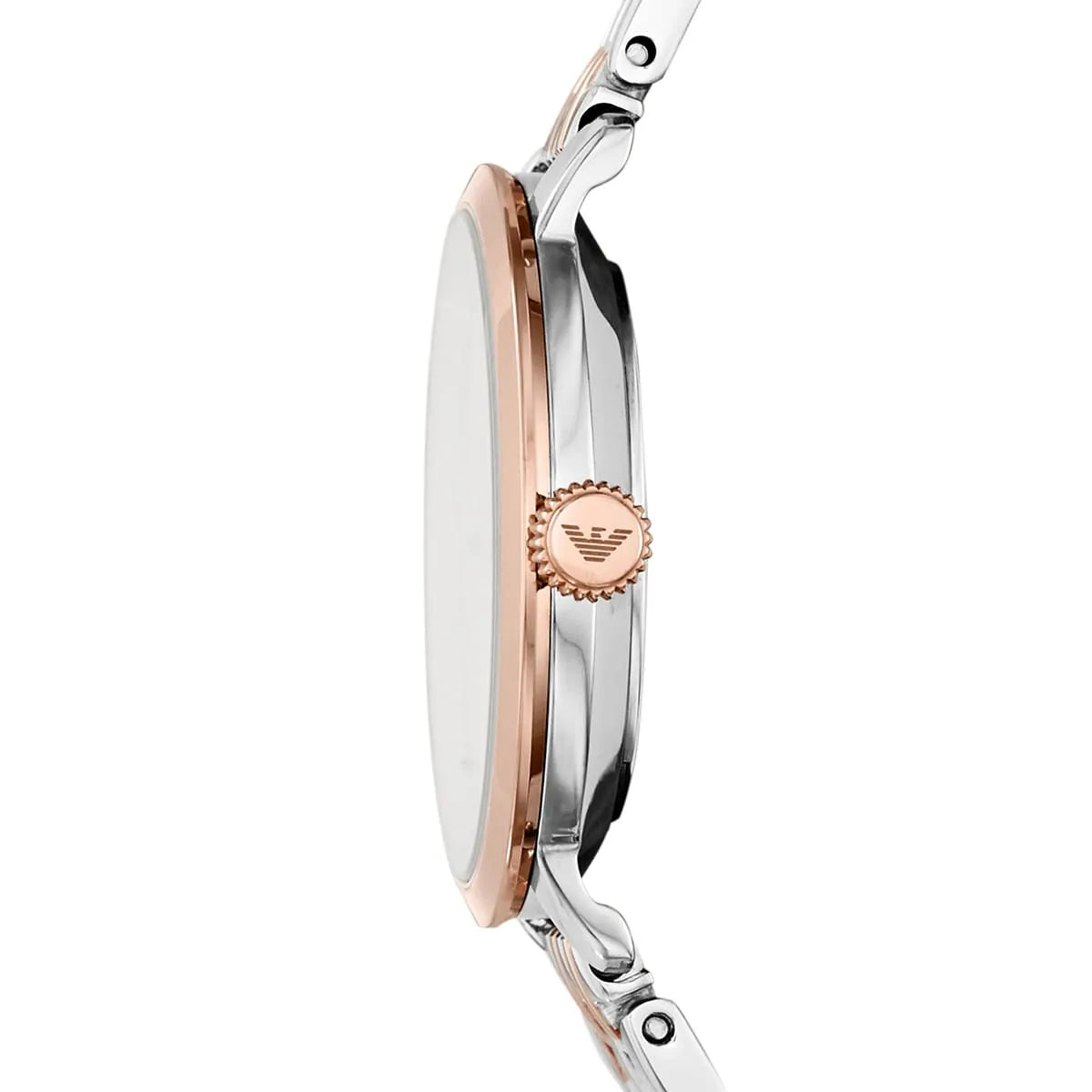 Side view of Emporio Armani AR11157 showing case profile, rose gold crown, and two-tone bracelet