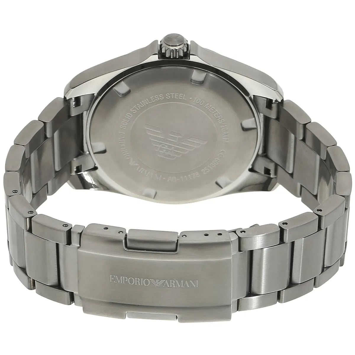 Case back view of Emporio Armani Sigma watch with stainless steel metal strap and clasp