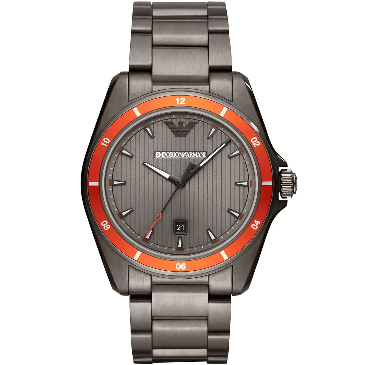 Emporio Armani Sigma quartz watch with grey dial, orange bezel, and grey stainless steel strap