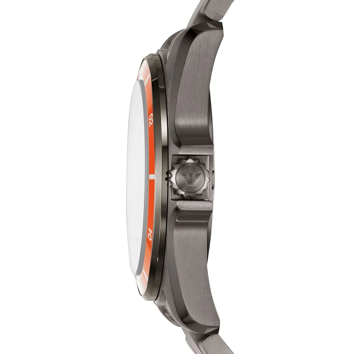 Side profile view of Emporio Armani Sigma watch showing case thickness and orange bezel detail