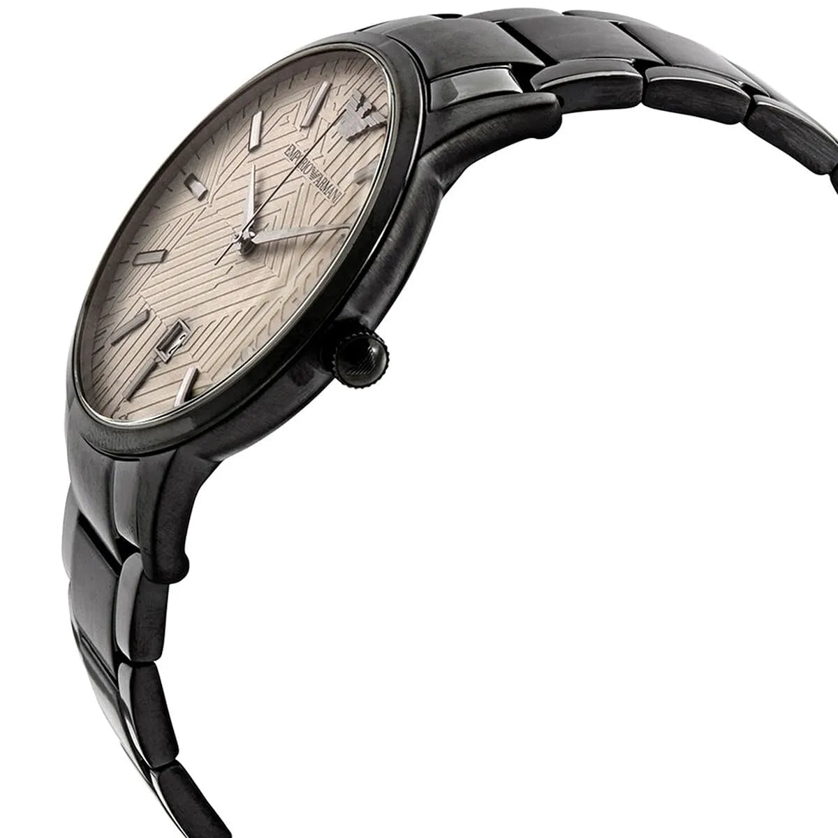 Side angle view of Emporio Armani Renato watch with beige dial and metal bracelet