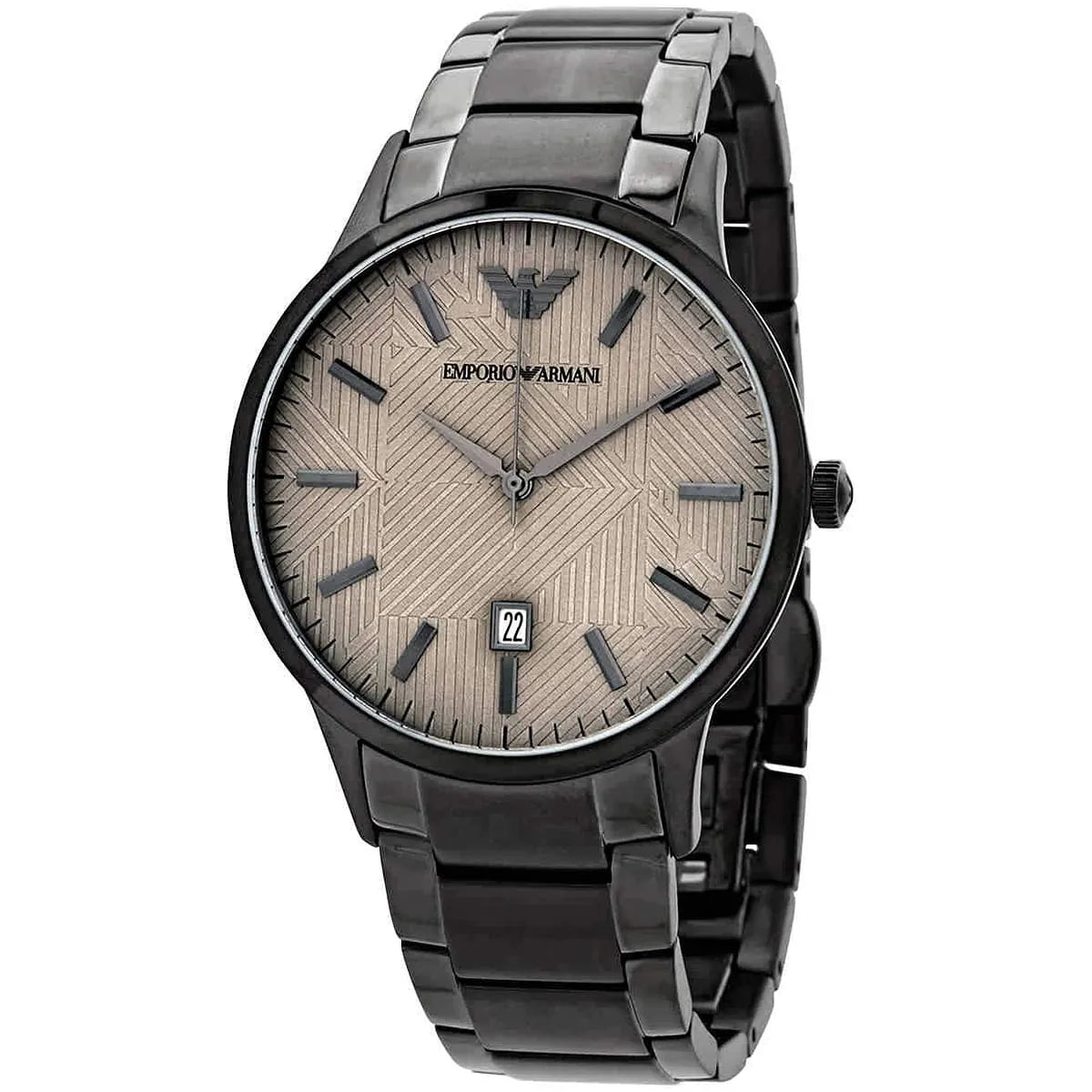 Emporio Armani Renato men's watch with beige diagonal dial, grey metal strap and black case