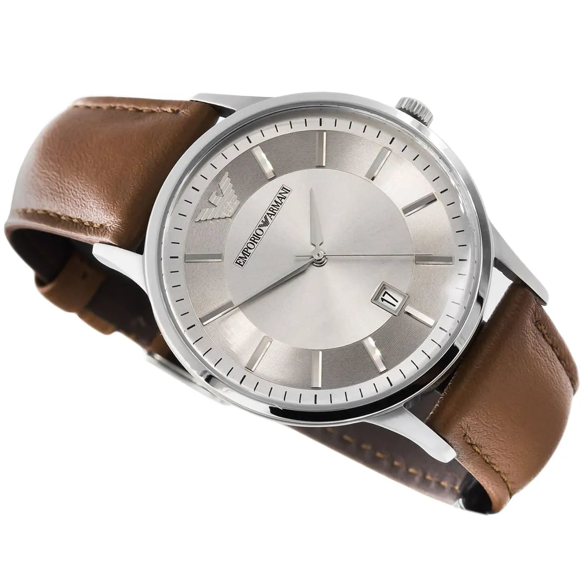 Emporio Armani Renato Quartz Silver Dial Brown Leather Strap Men's Watch AR11185