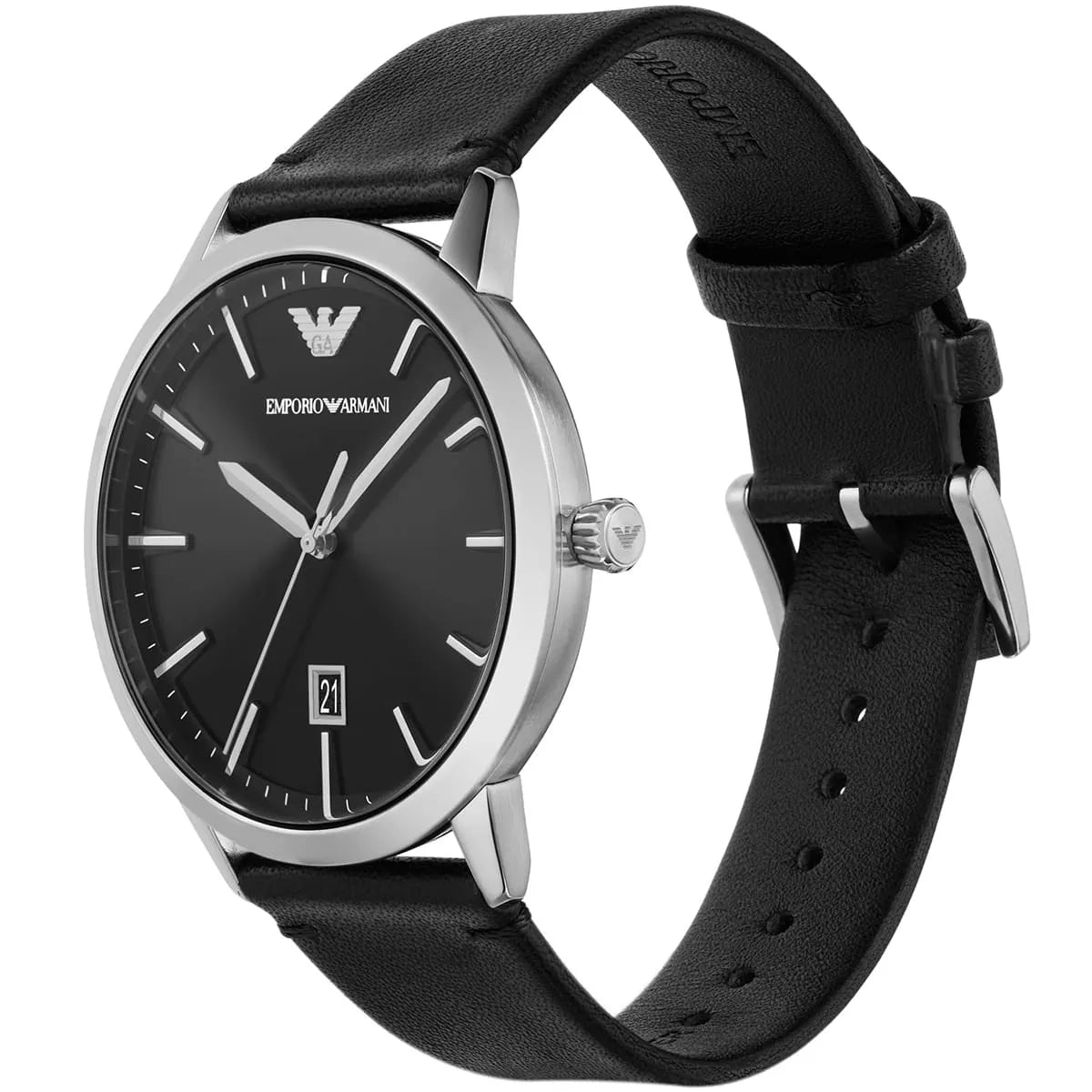Three-quarter view of Emporio Armani Ruggero AR11193 showing black leather strap and case