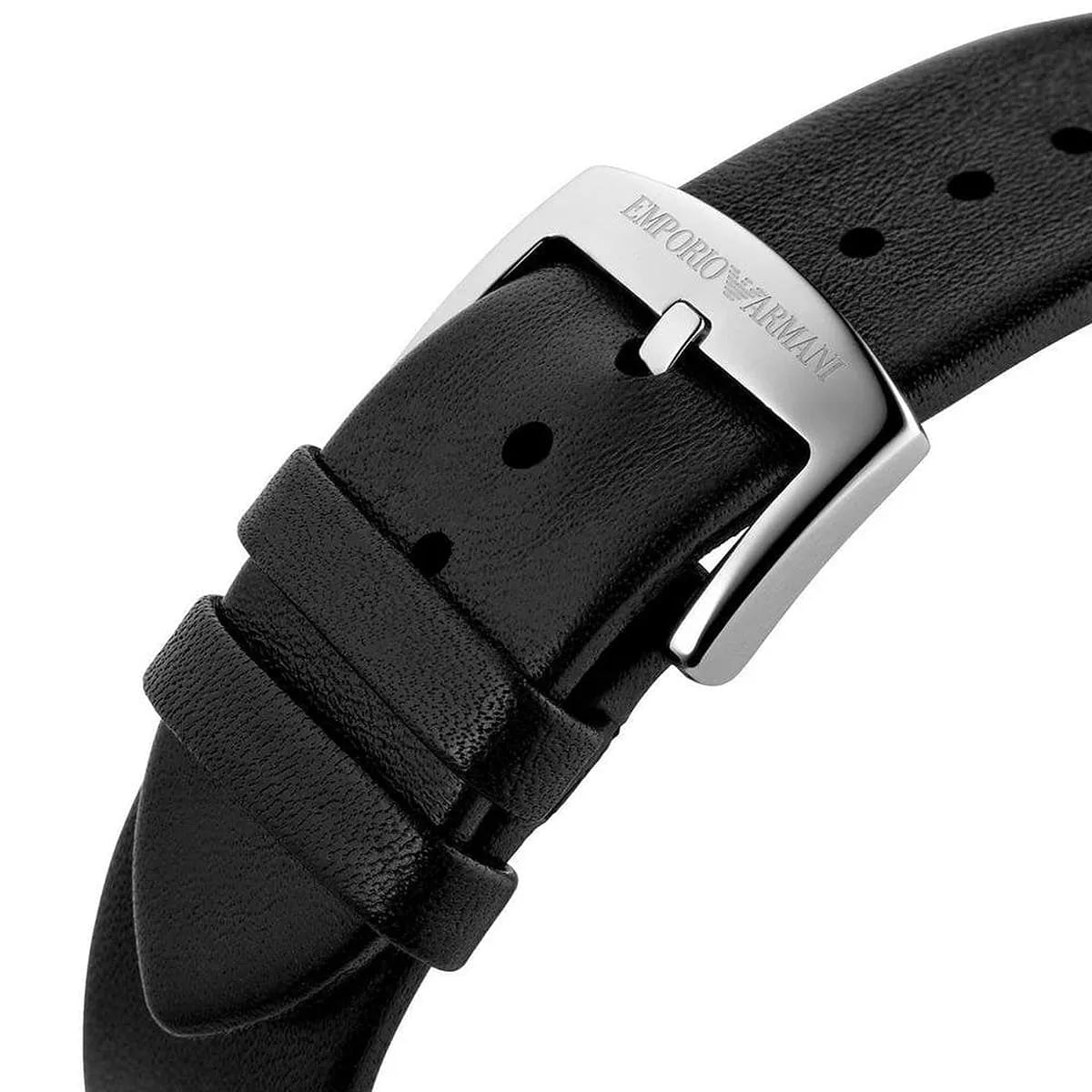 Detail of Emporio Armani Ruggero AR11193 black leather strap and buckle