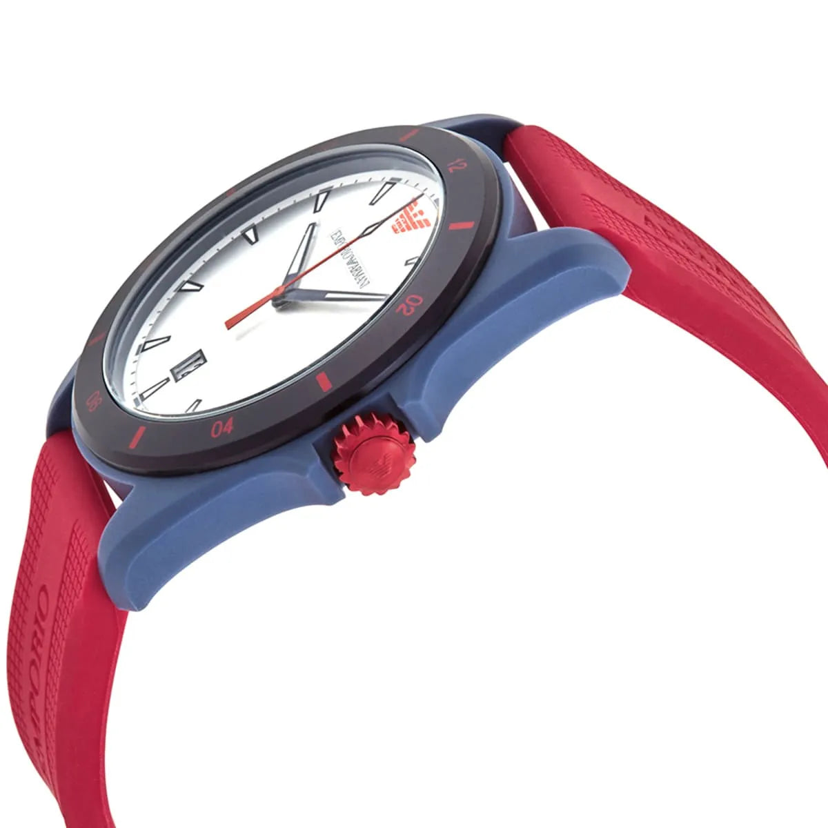 Emporio Armani AR11219 watch angled side view with red silicone strap and crown