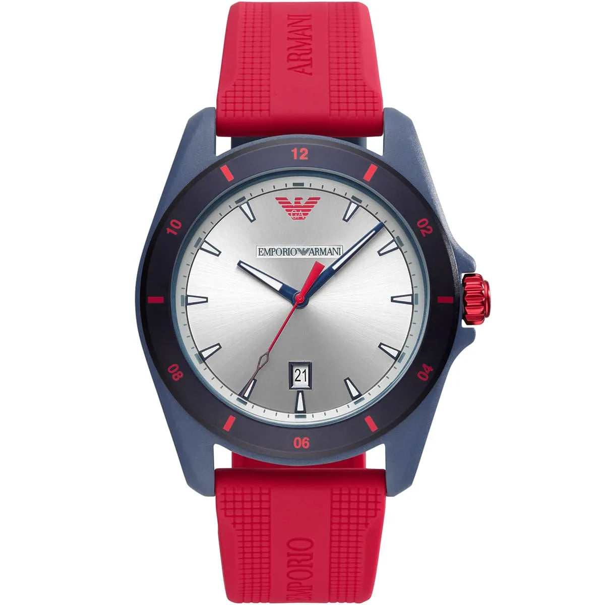Emporio Armani AR11219 men's watch with silver dial, navy case, and red silicone strap