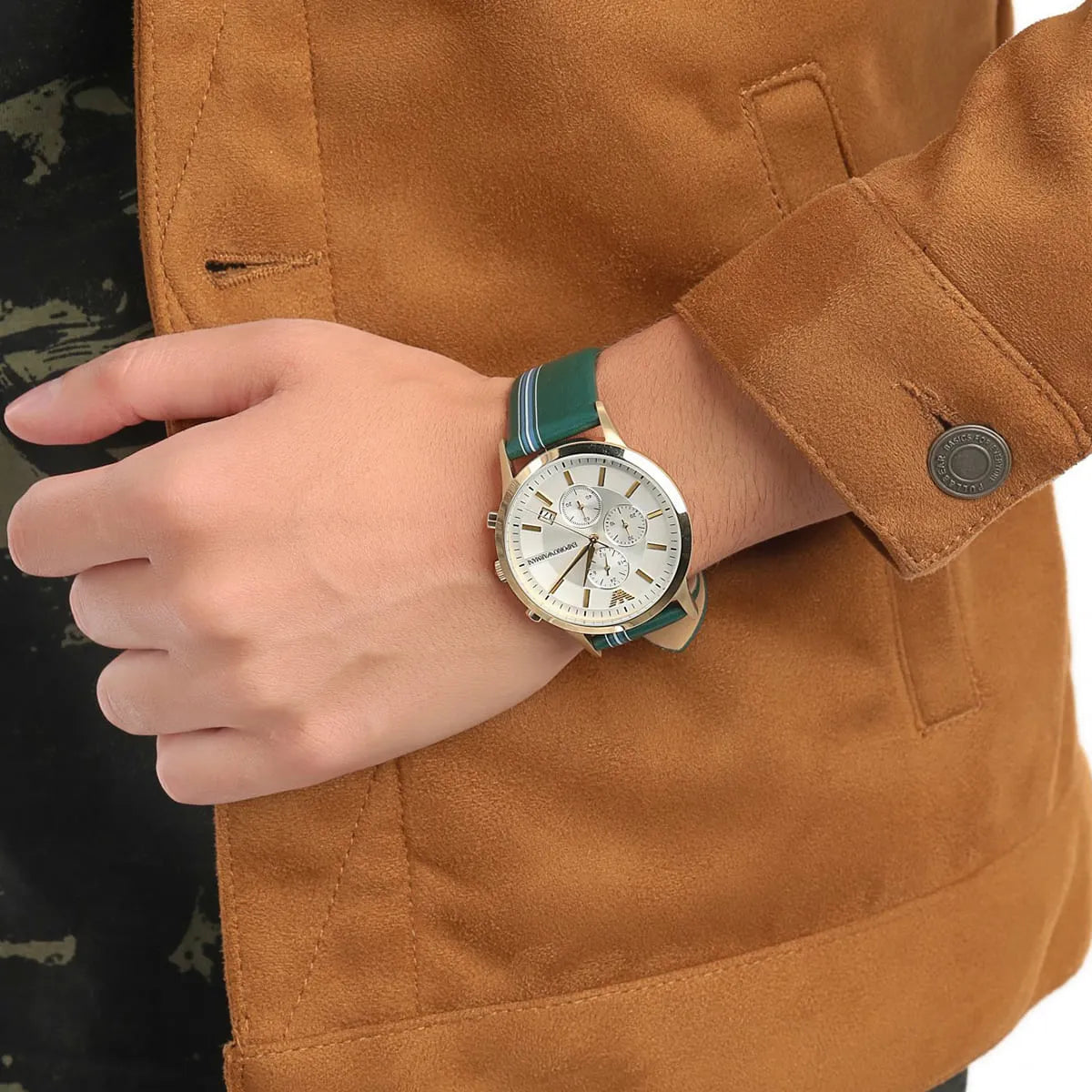 Emporio Armani Chronograph Quartz Silver Dial Green Strap Men's Watch AR11233