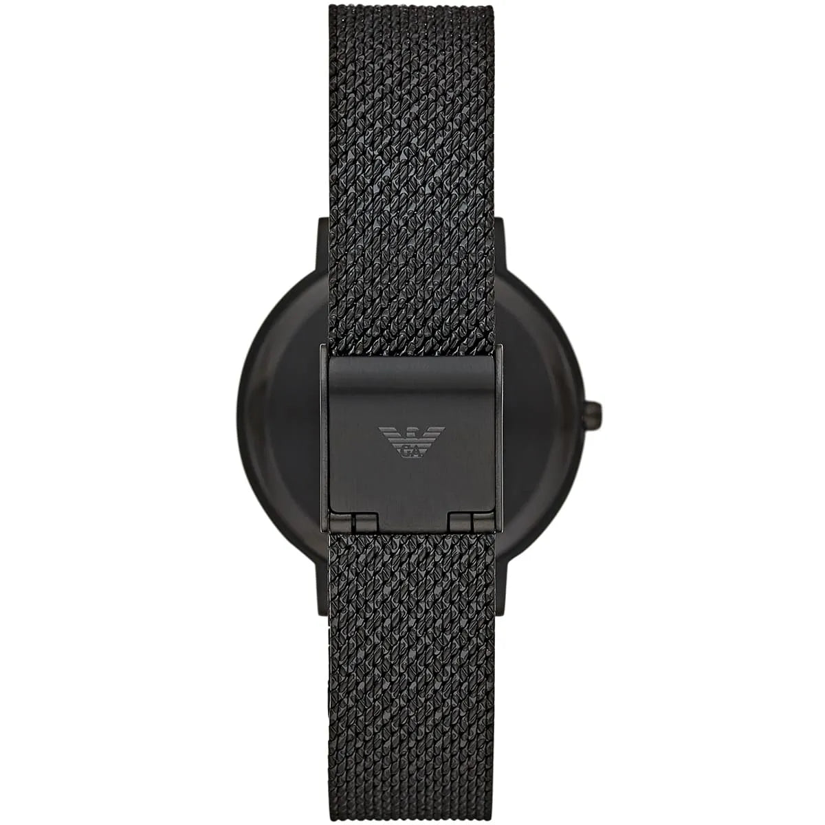 AR11252 Emporio Armani watch caseback showing Emporio Armani logo and mesh metal strap
