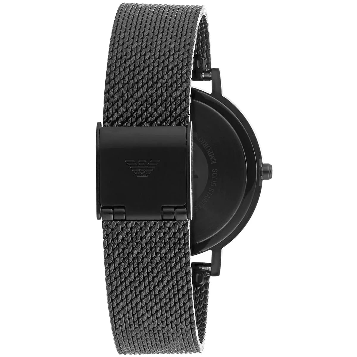 AR11252 black mesh metal strap with Emporio Armani logo clasp detail