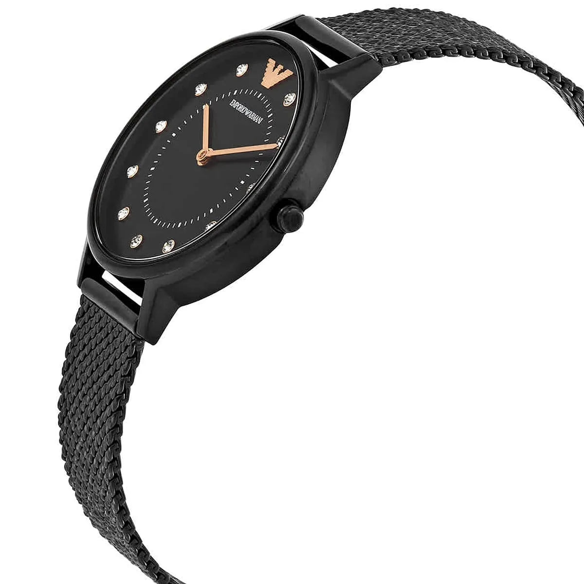 AR11252 Emporio Armani women's watch worn on wrist showing side profile with mesh strap