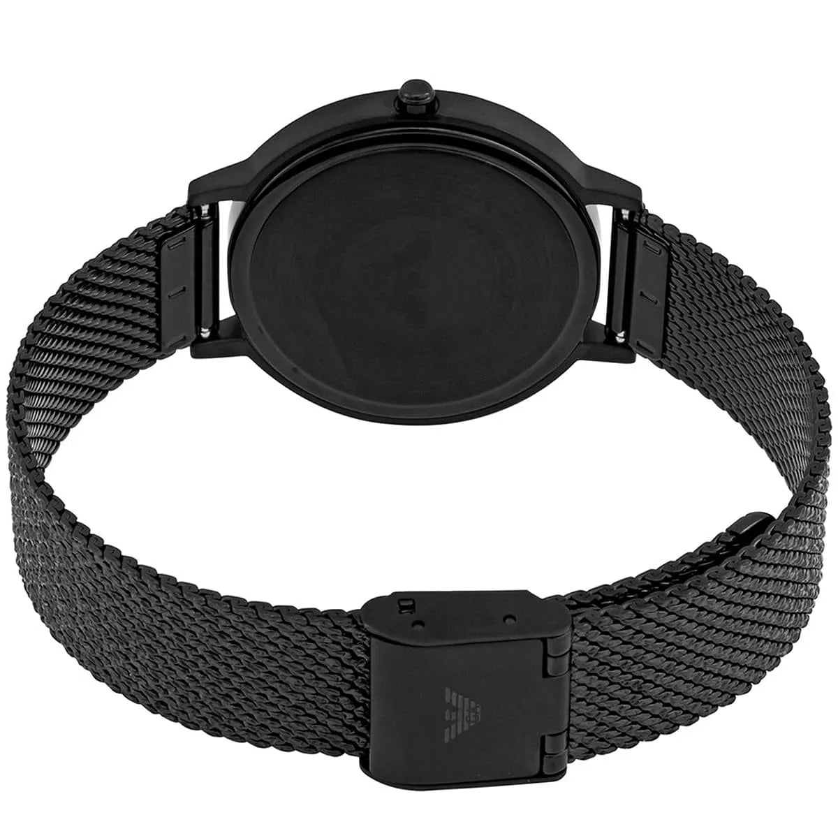 AR11252 Emporio Armani watch top view showing round black dial and mesh metal strap