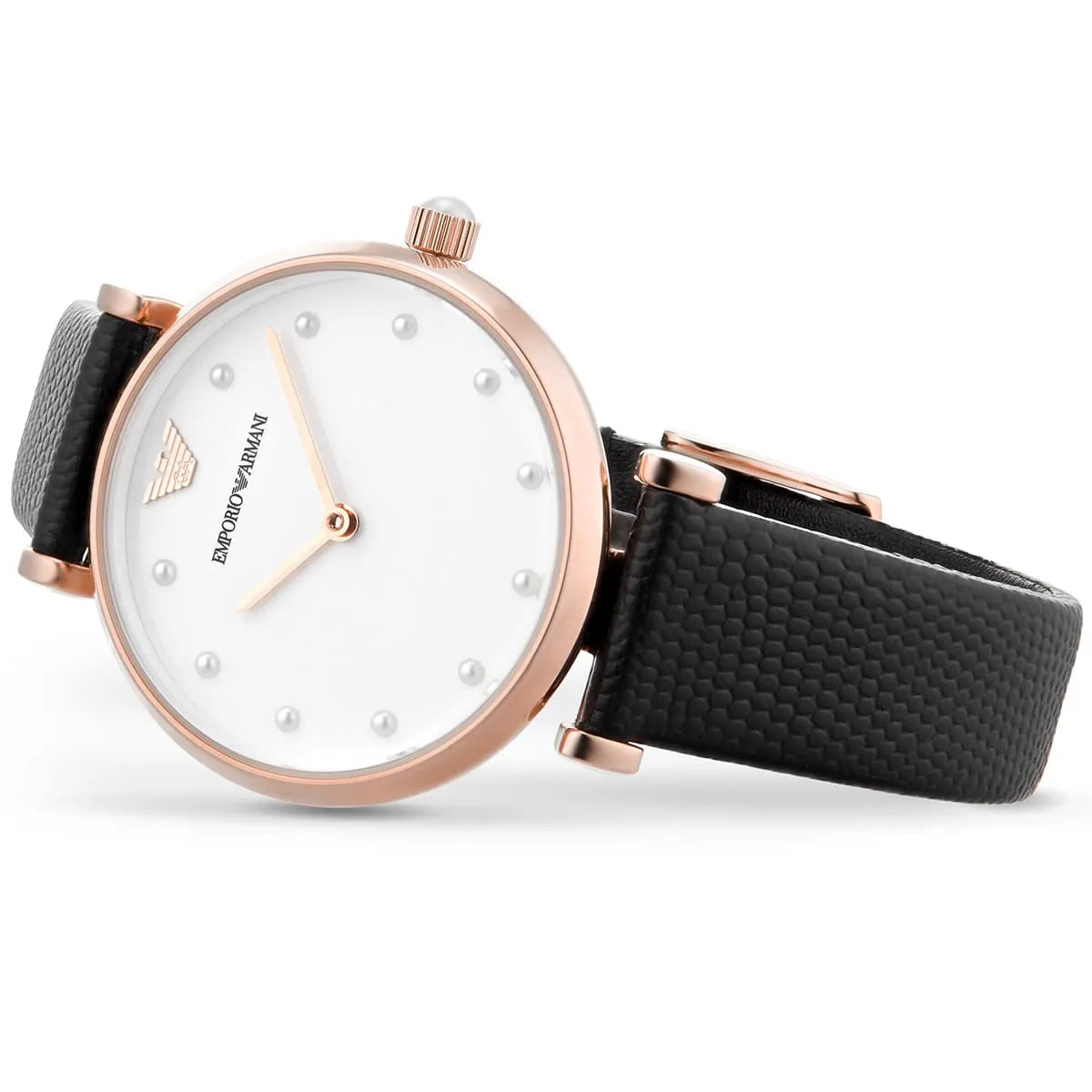 Emporio Armani Gianni T-Bar watch worn on wrist with white dial and black leather strap