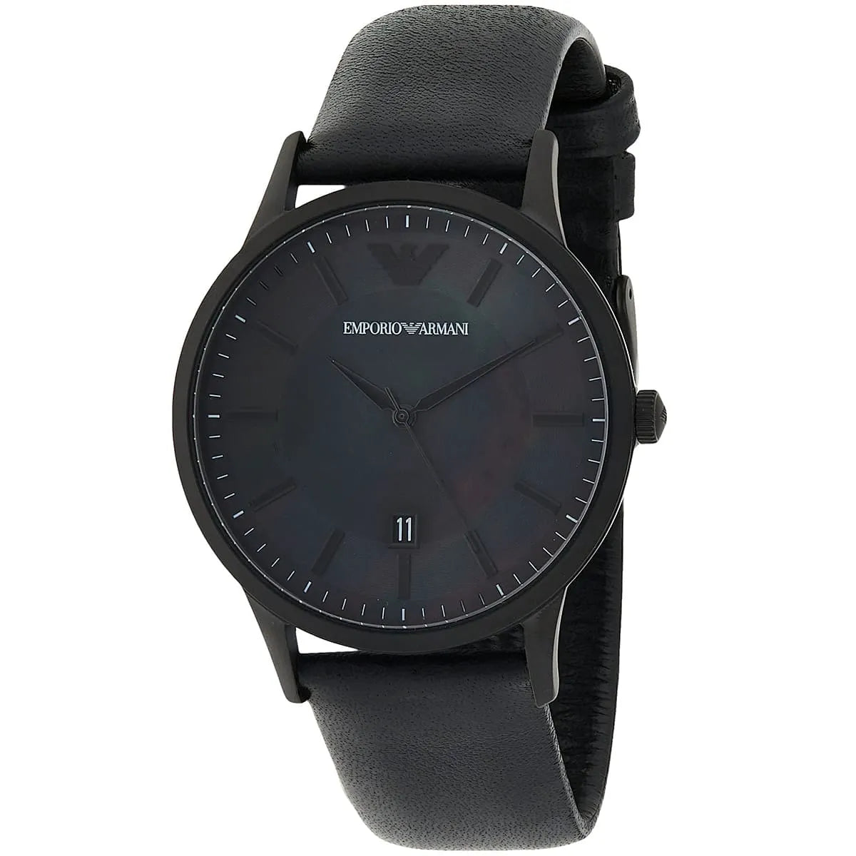 Emporio Armani Renato watch at angle showing black leather strap and dial