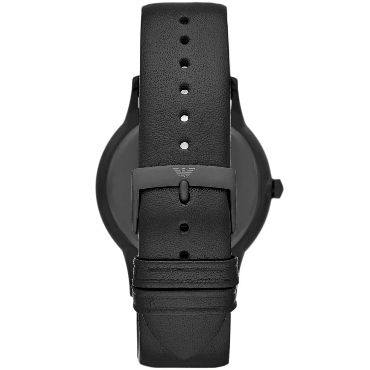 Emporio Armani Renato watch caseback showing black leather strap and buckle