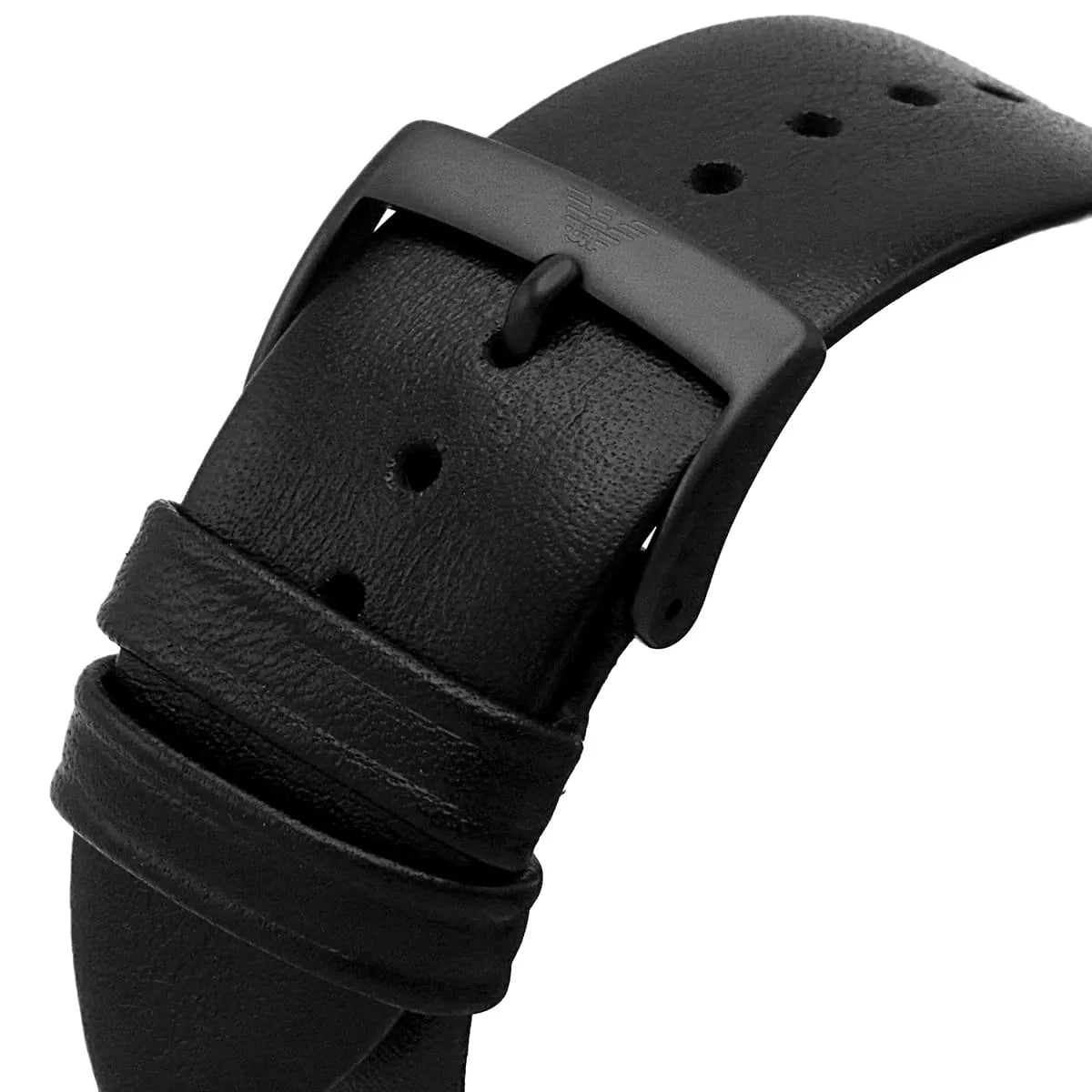 Emporio Armani Renato watch detail showing dial and black leather strap