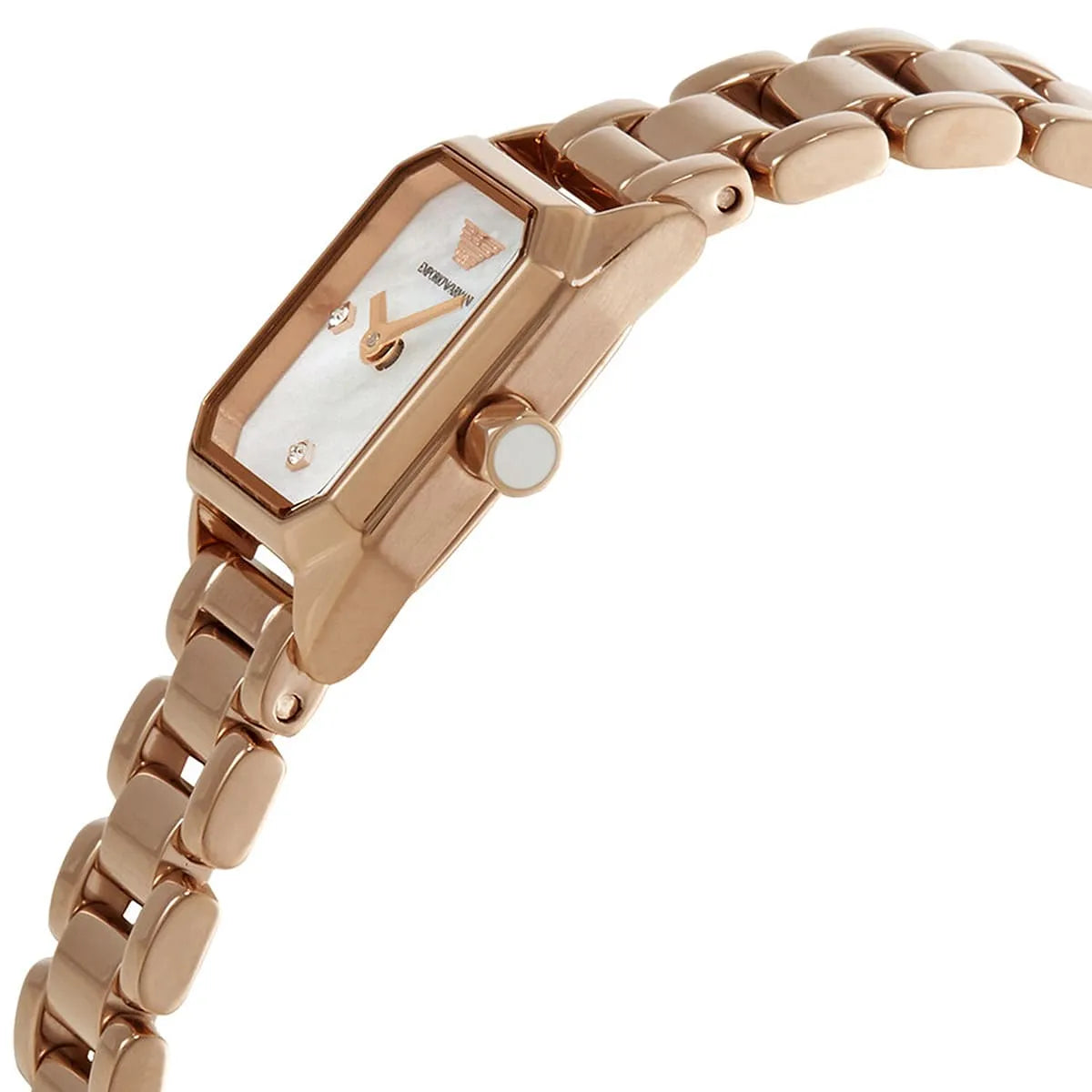 Emporio Armani AR11323 angled view showing rose gold rectangular case and metal bracelet detail