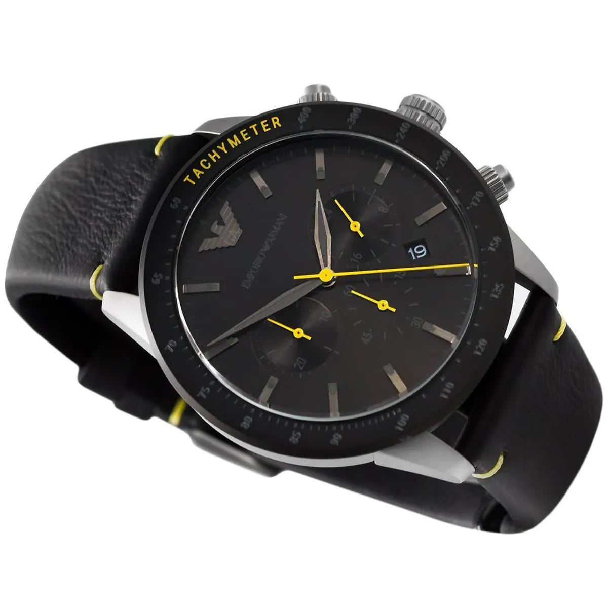 Emporio Armani Mario AR11325 chronograph watch angled view with black dial and yellow chronograph hands