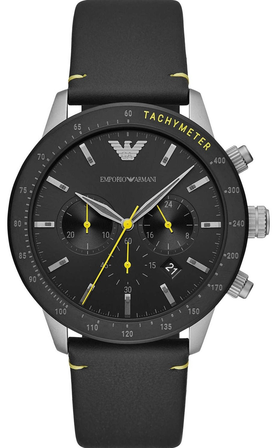 Emporio Armani Mario AR11325 chronograph watch with black dial and yellow hands