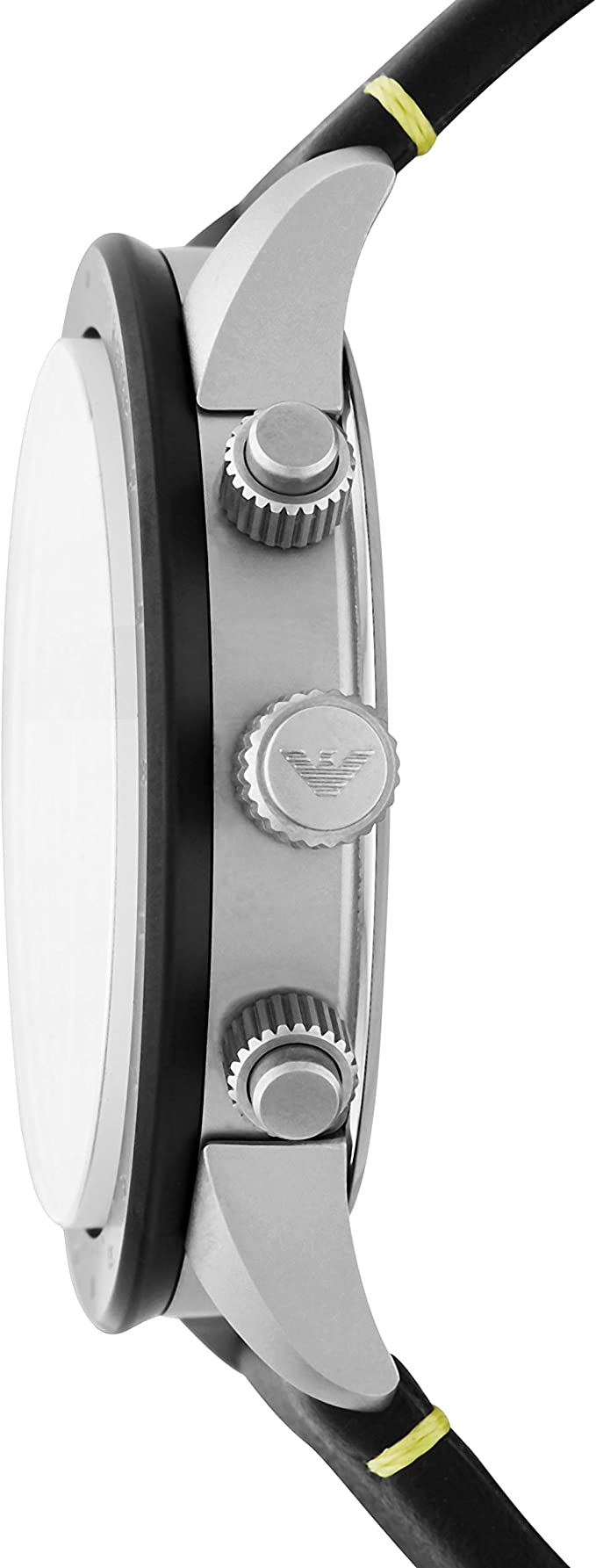 Emporio Armani Mario chronograph watch side profile showing case depth and crown