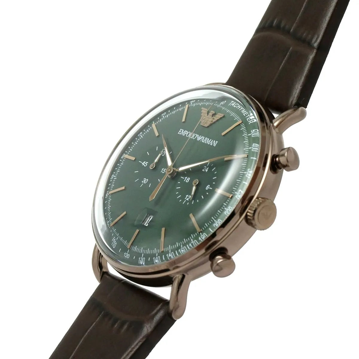Emporio Armani AR11334 chronograph watch worn on wrist with brown leather band