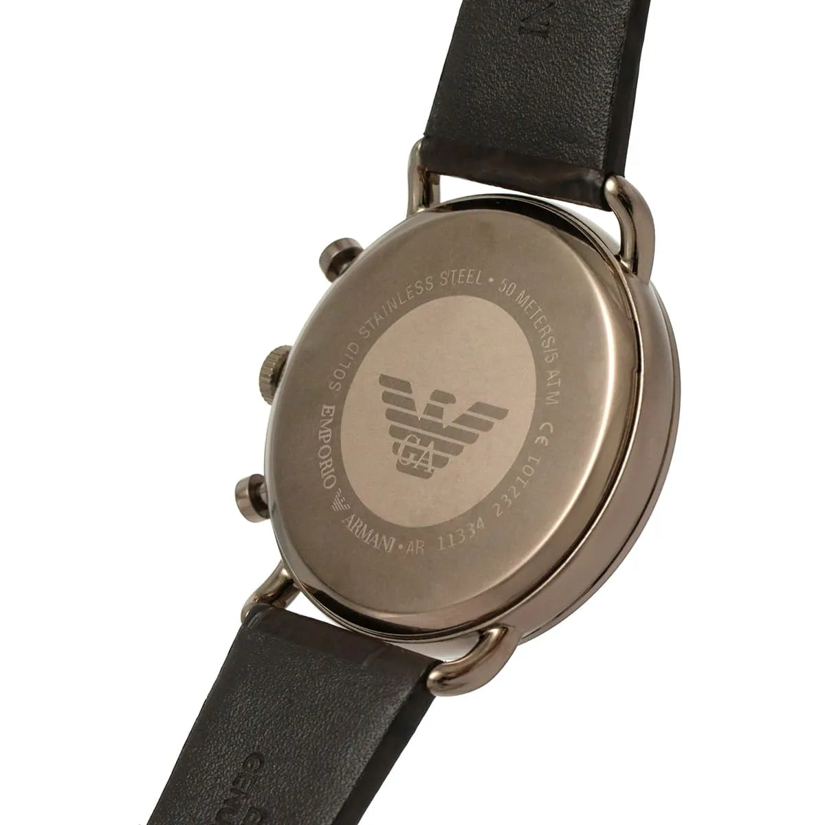 Close-up of brown crocodile-embossed leather strap with buckle clasp