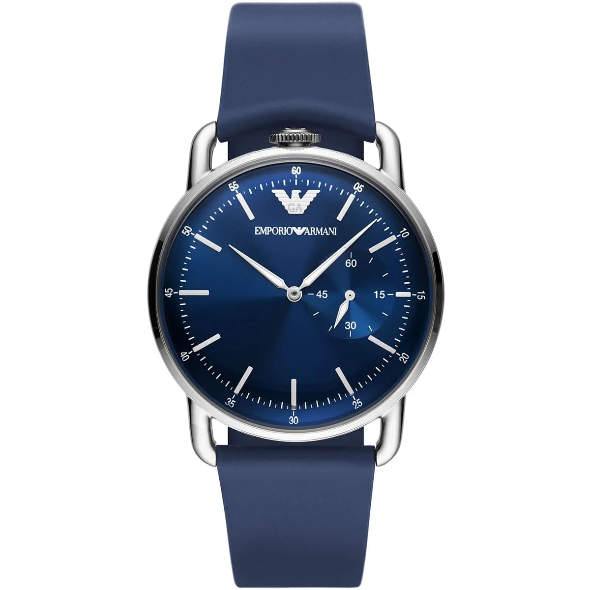 Emporio Armani Aviator AR11335 men's watch with blue dial, chronograph subdials, silver case, and navy leather strap