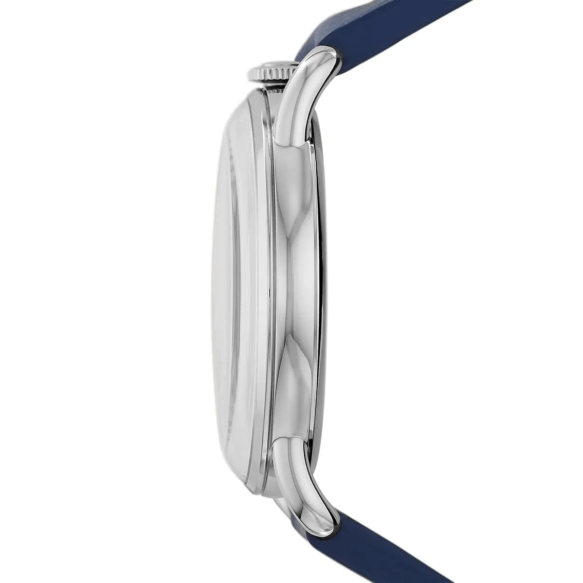 Emporio Armani Aviator AR11335 watch side profile showing thin case with navy leather strap