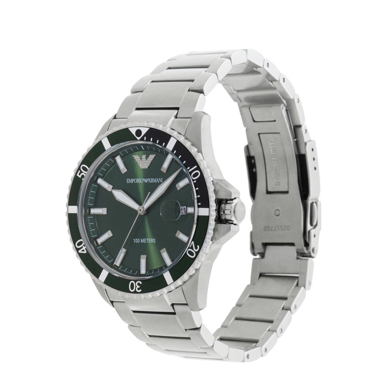 Emporio Armani AR11338 watch at angle showing green dial, silver case and bracelet