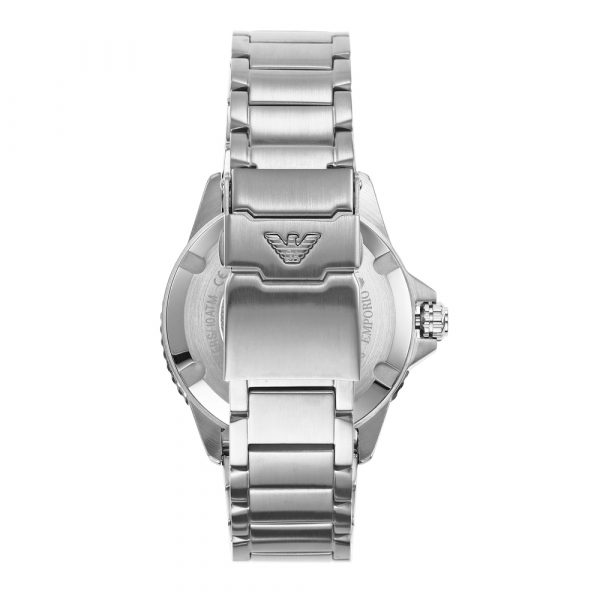 Emporio Armani AR11338 watch caseback showing stainless steel with embossed eagle logo