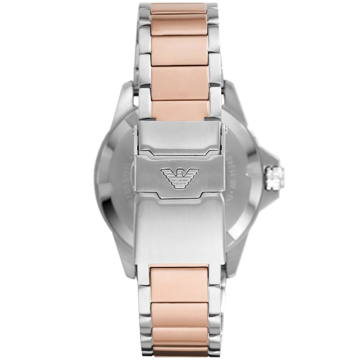 Caseback of Emporio Armani AR11340 showing stainless steel with Emporio Armani eagle logo