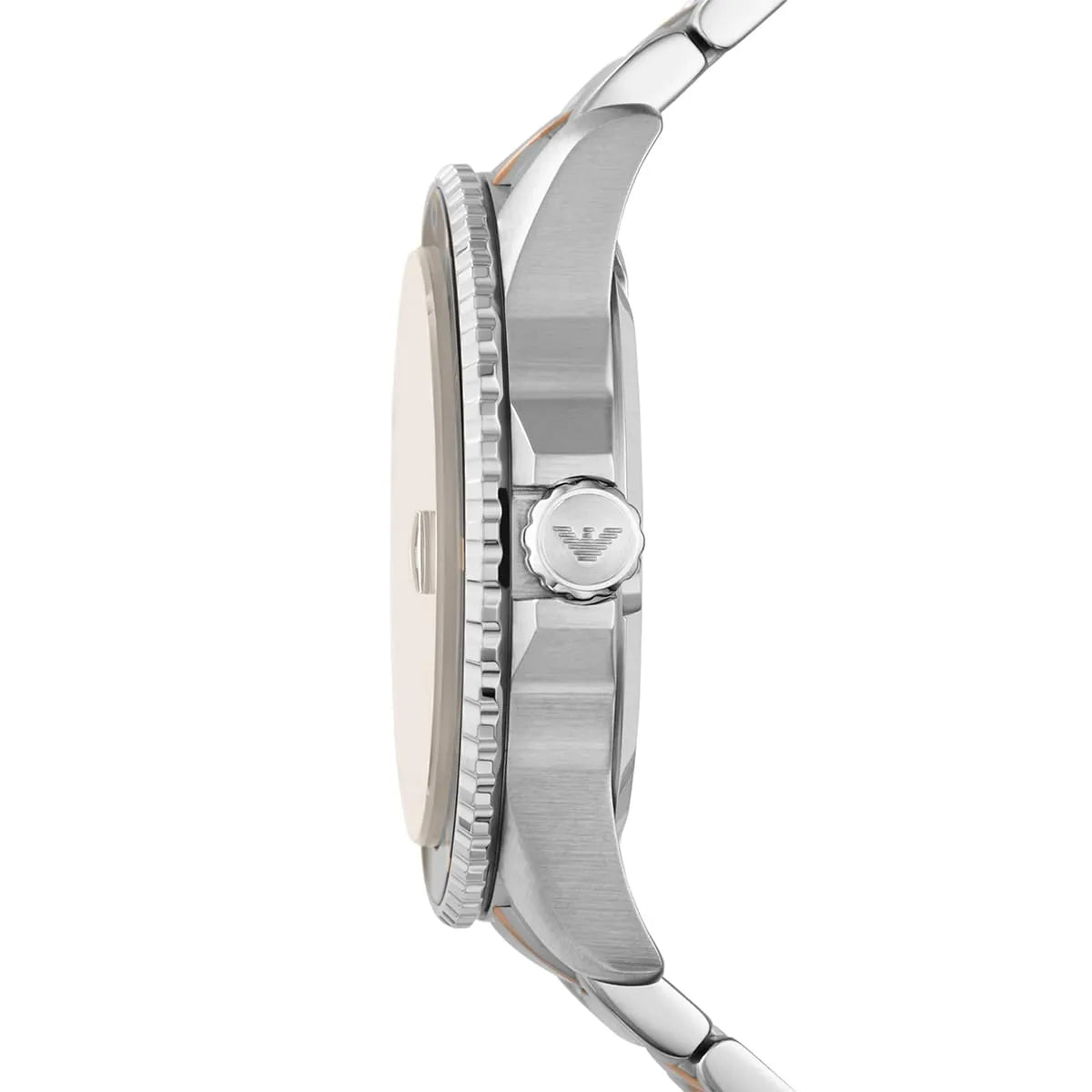 Side profile of Emporio Armani AR11340 showing two-tone stainless steel case and strap