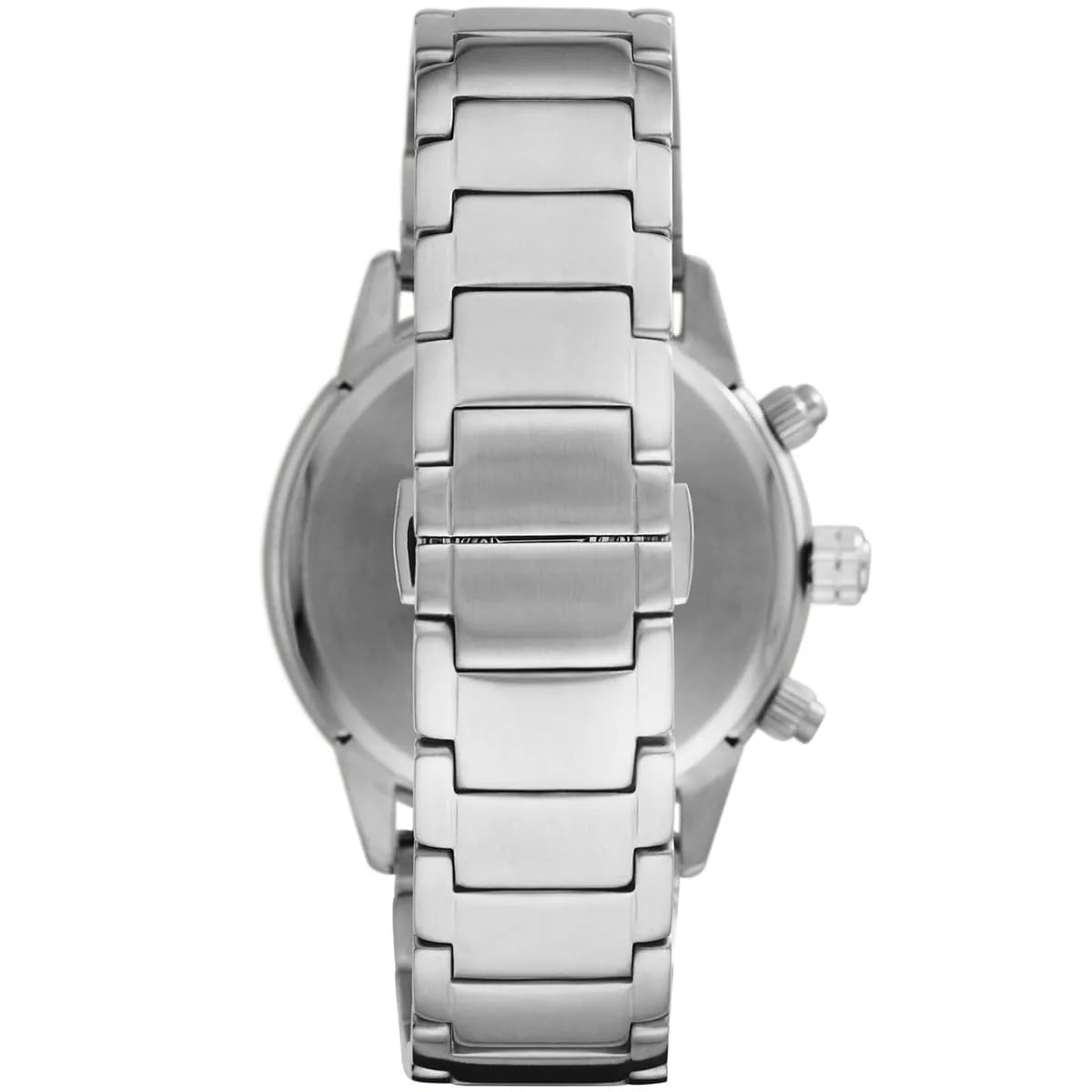 Caseback of Mario chronograph showing stainless steel construction and closed case
