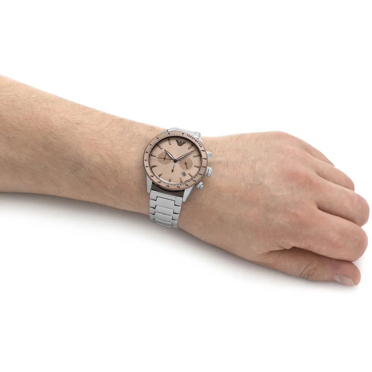 Mario chronograph worn on wrist showing brown dial and silver steel bracelet
