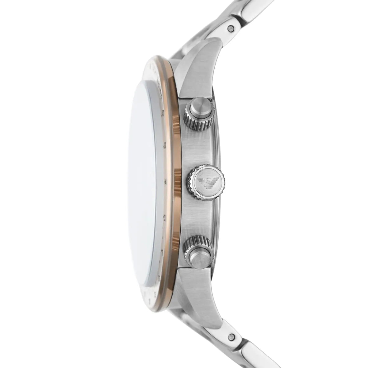 Side profile of Mario chronograph displaying case thickness and silver metal bracelet
