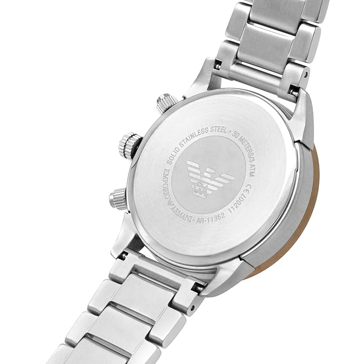 Close-up of stainless steel three-link bracelet and caseback of Mario chronograph
