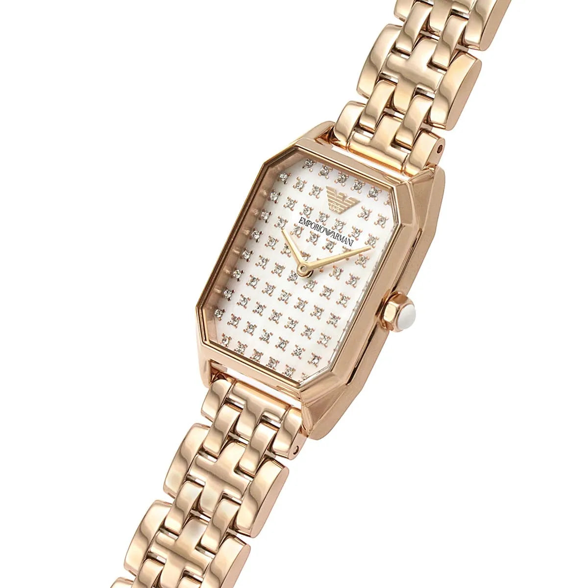 Emporio Armani Gioia watch at angle displaying mother of pearl dial and rose gold bracelet