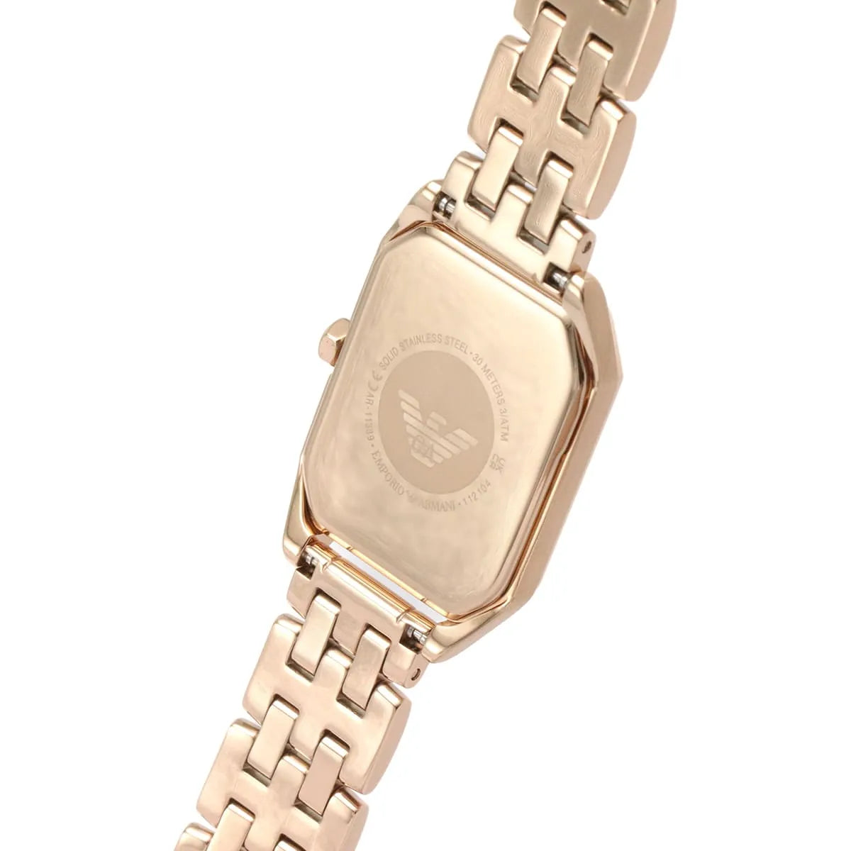Emporio Armani Gioia watch caseback showing Emporio Armani eagle logo engraving